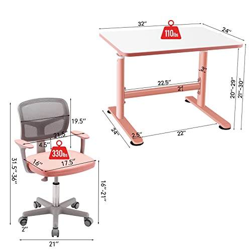 Costzon Kids Desk And Chair Set, Children Study Computer Desk & Chair W/Adjustable Height, Lumbar Support, Sit-Brake Casters, Ample Tabletop For School, Study Room, Kids Room, Writing, Drafting (Pink) #TOP6