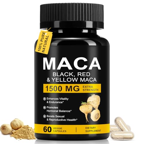 Daiasns Organic Maca Root Powder Capsules 1500 mg with Black + Red + Yellow Peruvian Maca Root Extract Supplement for Men and Women - 60 Vegan Capsules