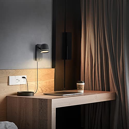 Image of Aisilan Black Wall Sconce, 5W Dimmable Wall Sconces, Adjustable Angle Indoor Wall Lights with Plug in Cord, LED Wall Mounted Bedside Lamps for Living Room Stairway Hallway