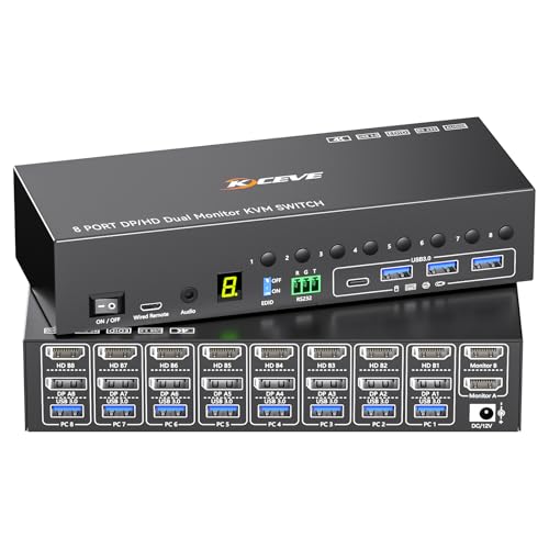 8 Port HDMI Displayport KVM Switch 2 Monitors 8 Computers 4K@60Hz EDID Simulation,8 PC Dual Monitor KVM Switch with 4 USB 3.0 Ports,Audio,RS232,with Wired Remote,12V Power Adapter and 8 USB Cable