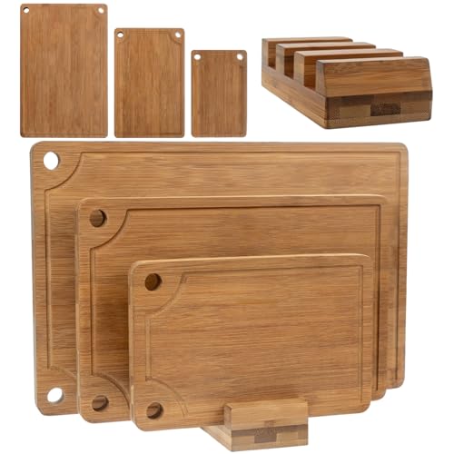 Image of ICEDOG-3-Piece Bamboo Cutting Board Set - Reversible with Juice Groove, Non-Slip Pads - for Meat, Vegetables, Cheese - Pre-Oiled Natural Wood - Kitchen Gift (Brown)