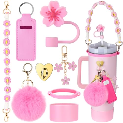 Mity rain Cup Accessories for Stanley Cup 30oz 40oz Tumbler with Handle, Including Water Bottle Handle Strap, Chapstick Holder, Boot, Keychain Charms, Straw Topper Cover Cap for Stanley (Pink)