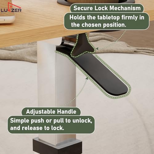Image of Lukzer MST-003 White Frame Oak Light Tilt Top Overbed Table with Cupholder & Wheels | Adjustable Height Laptop Desk for Bed & Sofa | Rolling Bedside Table for Home, Hospital, Office Use | 40x76x95 cm
