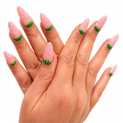 Handcrafted Press On Nails Cute Strawberry Pink Theme Fresh Fruit