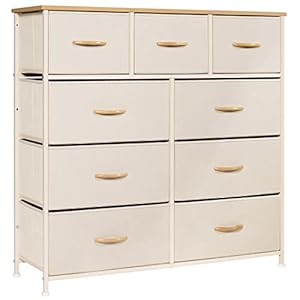 LYNCOHOME Chest of Drawers, Bedroom Drawers, Fabric Dresser with Wood Top and Large Storage Space, Easy to Assemble, for Bedroom, Living room, Kids room, Closet (Beige, 9 Drawers)