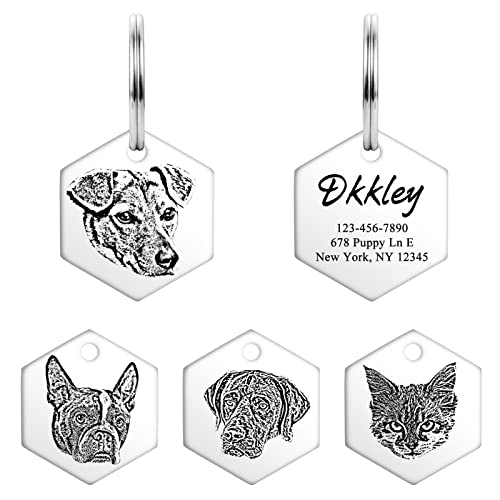 Personalized Pet Portrait Dog Tag, YEHANTI Stainless Steel Custom Dog Tags Pet Name Tag Dog Collar ID Tag, Hexagon Engraved Name Tag for Dog Cat, Unique and Meaningful Pet Gifts, (Silver, Small)