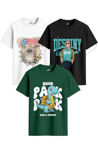 Image of Men's Regular Fit Printed T-Shirt Combo Pack of 3 | 100% Cotton Round Neck Half Sleeve Graphic Tees
