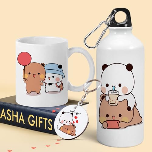 Image of Bubu Dudu Love Gift for Birthday /Anniversary Sipper Water Bottle Aluminium with Coffee Mug, Wooden Keychain Combo Pack NMSK (Multicolor)