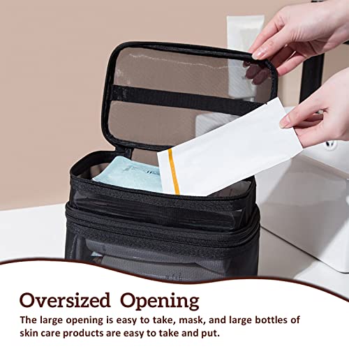 Double Layer Makeup Bag, Large Mesh Travel Cosmetic Pouch with Double Zipper, Vertical Make up Bag, Multifunctional Toiletry Bag for Makeup Brushes (Gray)3