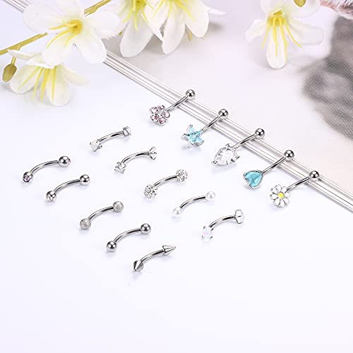 Sanfenly 15Pcs 16G Silver Rook Daith Piercing Jewelry Eyebrow Rings for Women Stainless Steel Belly Lip Ring Cartilage Tragus Earrings CZ Body Piercing Curved Barbell Eyebrow Piercing Jewelry 8mm