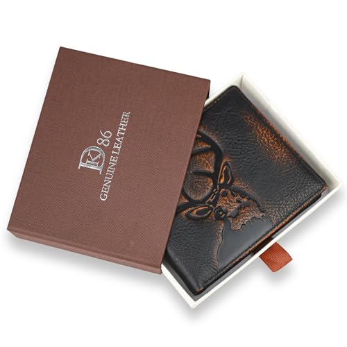 Image of DK86 Deer Bifold Wallet for Men RFID Blocking Full Grain Leather With Hand Burnished Extra Capacity Multiple Card Slots with 2 ID Windows (black orange with deer)