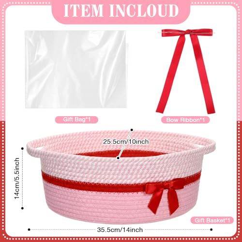 Image of Colingmill 1 Set Woven Basket for Gift Empty with Cellophane Wrap Set 14 x 10 x 5.5 Inch, Medium Decorative Gift Basket Empty to Fill, Cotton Rope Storage Box Decor (Pink Red)