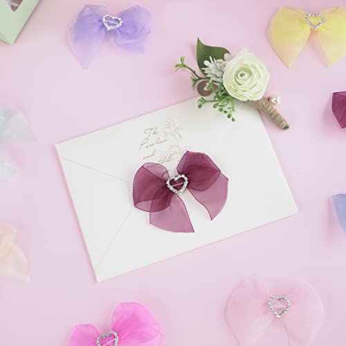 Aimudi Pre-Tied Burgundy Organza Bows With Rhinestone 3" Maroon Ribbon Bows With Heart Diamante Burgundy Bows For Gift Wrapping Small Bows For Crafts Wedding Embellishment Shower Party Favors - 12 Pcs #TOP3