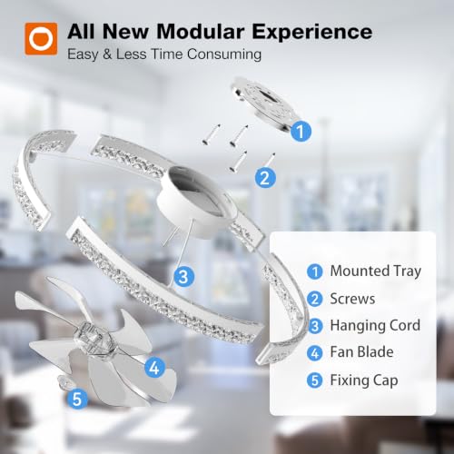 Image of addlon Ceiling Fans with Lights and Remote, 24'' Low Profile Flush Mount Ceiling Fan, 3000-6000K Dimmable LED Fandelier, Bladeless Crystal Fan Light for Bedroom, Kitchen, Living Room, White