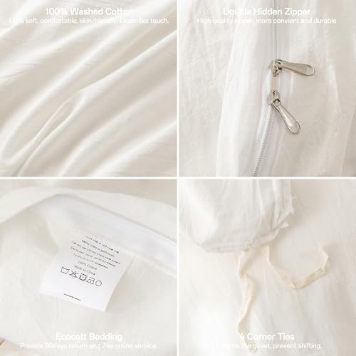 Image of ECOCOTT White Duvet Cover Full Size, 100% Washed Cotton 1 Duvet Cover with Zipper and 2 Pillowcases, Ultra Soft and Easy Care Breathable Bedding Set (White, Full)