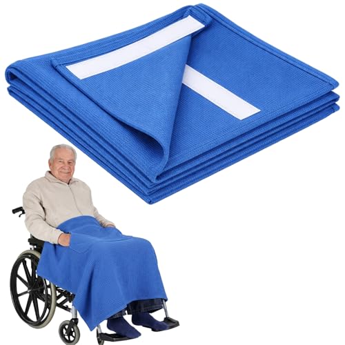 CrystalSylara 43.3 x 39.3 Lightweight Lap Blanket for Wheelchair Summer Lap Blanket with 6 Straps and Pocket Blue Throw Wheelchair Accessories for Adults Seniors Airplane Train Travel Elderly Gifts