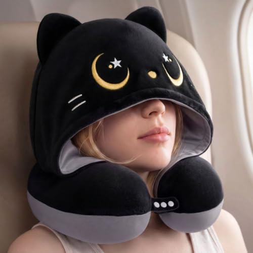 Image of Mewaii Travel Neck Pillow, Airplane Pillow with Hood, Memory Foam, Gray | Neck Support, Reversible, Adjustable Strap, Washable Cover, Cat-Ear Hood, Storage Bag, for Flights, Adults & Teens