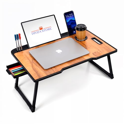 Image of Foldable Wooden Laptop Bed Tray Table, Multifunction Lap Tablet Desk with Cup Holder, for Eating Breakfast, Reading Book, Working, Watching Movie on Bed (Wood)
