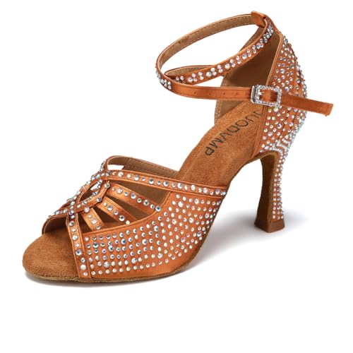 Image of JUODVMP Women's Latin Dance Shoes Rhinestones Satin Ballroom Dancing Shoes Salsa Professional Dance Shoes