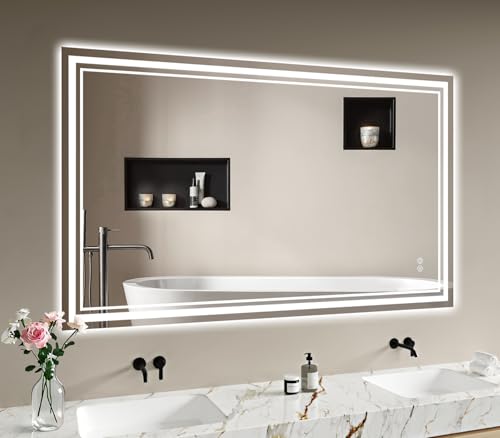 (-14%) Badspiegel-mit-Beleuchtung 100x70cm - Badezimmerspiegel LED Badezimmer Spiegel mit Beleuchtung Beschlagfrei, Touch-Schalter, Dimmbar, 3 Lichtfarben, Wandspiegel Led-Spiegel-Bad Horizontal/Vertikal