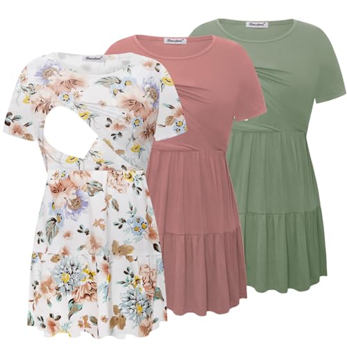 Image of Bearsland Women’s Nursing Top 3pack Short Sleeve Scoop Neck Nursing Shirt Breastfeeding Shirts
