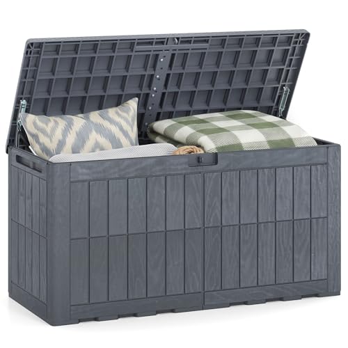 COSTWAY Arcón Exterior Capacidad 380/455/680 L, Baúl Almacenaje con Tapa, Asas Laterales y Diseño Bloqueable, Banco y Mueble de Jardín para Herramientas y Artículos (Gris,121x53x61 cm)
