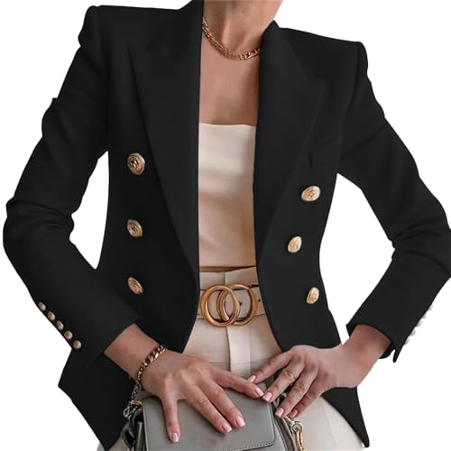 Veste Blazer Femme à Boutons dorés, Manches Longues, Style Tailleur Chic et décontracté, Noire, Taille L