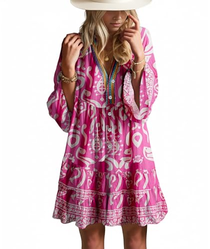 Image of Summer Dresses for Women 2026 Flowy Ruffle 3 /4 Sleeve V Neck Tiered Casual Babydoll Boho Beach Mini Dress