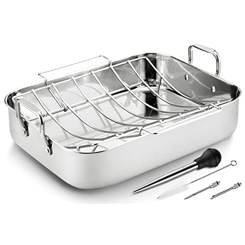 JY COOKMENT Roasting Pan with Baking Rack, 16.5 Inch Stainless Steel Turkey Roaster Pan with Turkey Rack,Turkey Baster. Turkey Roaster Pot, Broiler Pan Great for Turkey, Chicken, Ham, Vegetable