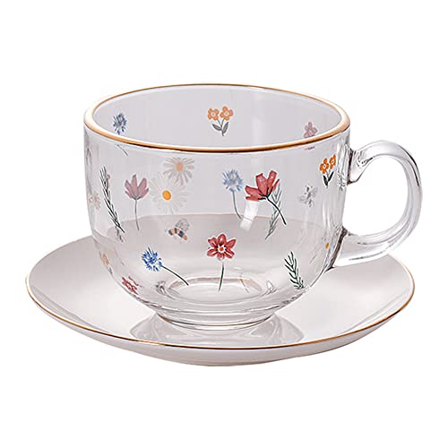Taza de té de cristal, taza de desayuno con plato de cristal, cristal transparente, taza de té de vidrio de borosilicato, cuenco de cereales, vaso de té, regalo de San Valentín para mujeres y hombres Cover
