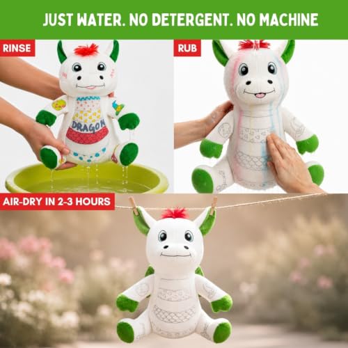 Image of PepPlay Redoobles Doodle Dragon - Color, Wash & Reuse Plush Toy for Kids 3-8 Years | 4 Non-Toxic Washable Markers | Screen-Free, Bath-Safe Soft Toy, Made in India | Dragon Gift for Boys & Girls