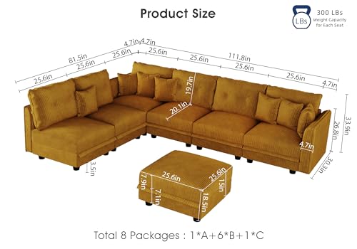 Image of LLappuil Modular Sectional Sofa with Storage, L-Shaped 7-Seat Corduroy Couch with 6 Throw Pillows, Pet-Friendly Convertible Sofa for Living Room & Apartment, Skin-Friendly, Yellow