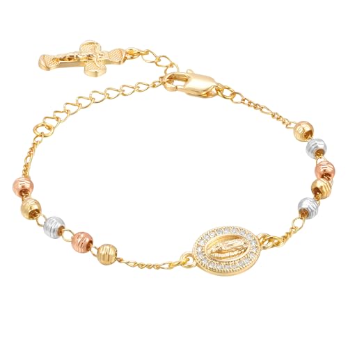 Women's Gold Virgin Mary Bracelet - 14k Gold Plated Rosary Beads Cross Bracelets,Hypoallergenic Non Tarnish Religious Rosarios Catolicos Virgen de Guadalupe Jewelry,Catholic Baptism Gifts for Her