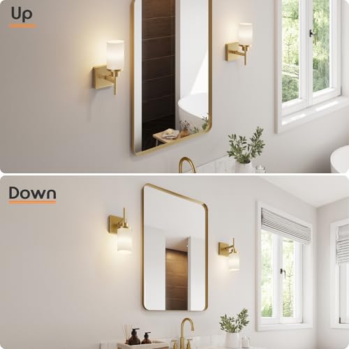 Image of Vanity Lighting Fixtures with White Frosted Glass Gold Wall Lamp for Bathroom Mirror Bedroom, Living Room, Kitchen Cabinet, Washroom Porch T001GD-L1