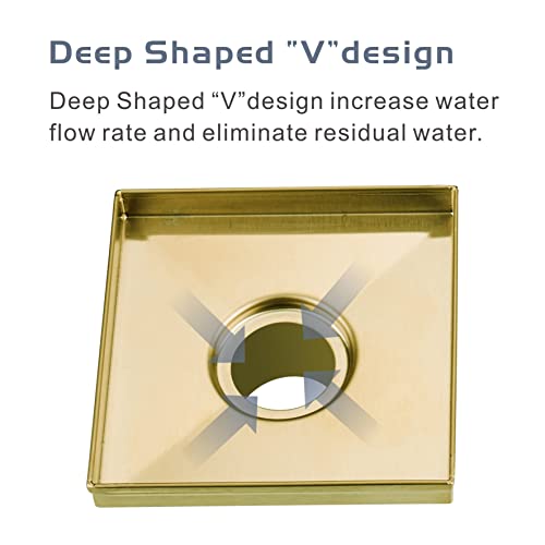Brass Brushed Square Shower Drain With Flange , Hidrop 6 Inch Sus 304 Stainless Steel Gold Shower Floor Drain With Removable Hair Strainer… #TOP2