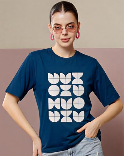 Image of Women's Typography Round Neck Cotton-Blend T-Shirts, Oversized Drop Shoulder Boho Style T-Shirt