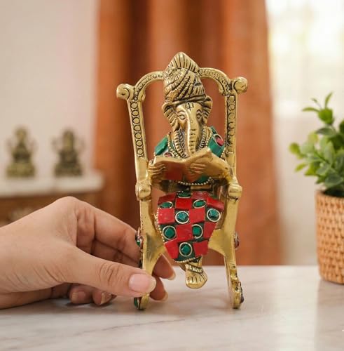 Image of KridayKraft Chair Ganesha ji Reading Book with Stone Work,Ganesha Metal Statue,Ganpati Murti Idol for Pooja & Home,Office Decor Ganesh Idol Religious Showpiece for Decoration & Gifting Article