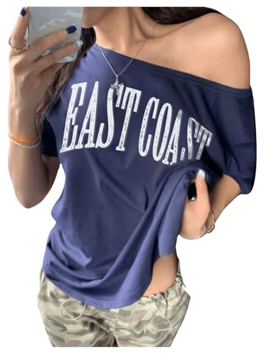 Women's Off The Shoulder Tops Letter Print Oversized Graphic Tees Vintage Y2k 90s Outfits Trendy