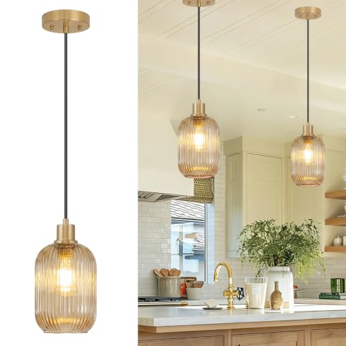 2 Pack Amber Cylinder Pendant Lights Kitchen Island with Ribbed Lampshade Brushed Gold Hanging Light Fixture Adjustable Pendant Lighting for Kitchen Island Sink Dining Room (Bulbs Not Included)