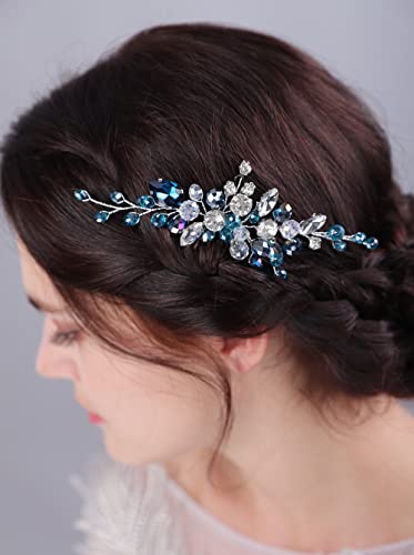 JWICOS Crystal Bride Wedding Hair Comb Rhinestone Bridal Hair Clip Glitter Wedding Hair Accessories for Women and Girls (Blue)