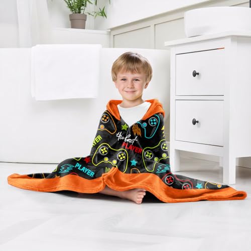 Image of Video Gamer Boys Beach Towel with Hoodie for Kids Toddlers Age 4-8,Game Controller Black Bath Towels Shower Wrap for Boys, Hooded Poncho Beach Blanket for Pool Swimming Wearable Bath Towel for Child