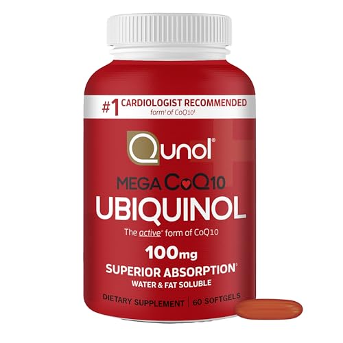 Qunol Mega Ubiquinol CoQ10 100mg Superior Absorption Patented Water and Fat Soluble Natural Supplement Form of C0Q10 Antioxidant for Heart Health 60 Count (Pack of 1) Softgels