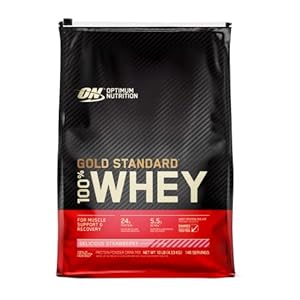 Optimum Nutrition Gold Standard 100% Whey Spieropbouw en Herstel, Proteïnepoeder met Lichaamseigen Glutamine en BCAA Aminozuren, Verrukkelijke Aardbeiensmaak, 151 Porties, 4.53 kg
