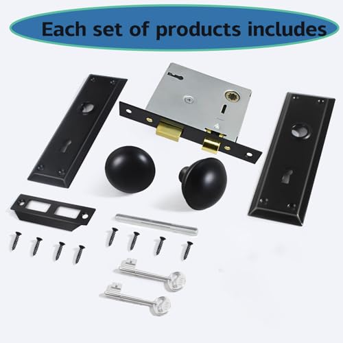 1 Pack Mortise Lock Set Interior Door with Matte Antique Door Knobs, Mortise Door Lock Wtih Skeleton Key Door Knob Set Used for 1-3/8\" to 1-3/4\" (35-45mm) Old Door (Matte Black)