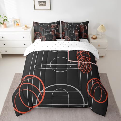 Manfei 7 Pieces Basketball Comforter Set King Size, Sports Gaming Theme Bedding Set for Kids Boys Bedroom Decor, Black Basketball Court 7pcs Bed in a Bag with Comforter, Sheets and Pillow Cases