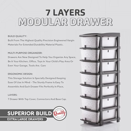 Image of 7XL Plastic Modular Drawer Storage Chest Of Drawers Organizer, Large Stomo Racks For Multipurpose Use Likes Home,Office,School (Grey, 7 LAYER) (30cmx38cmx106 cm)