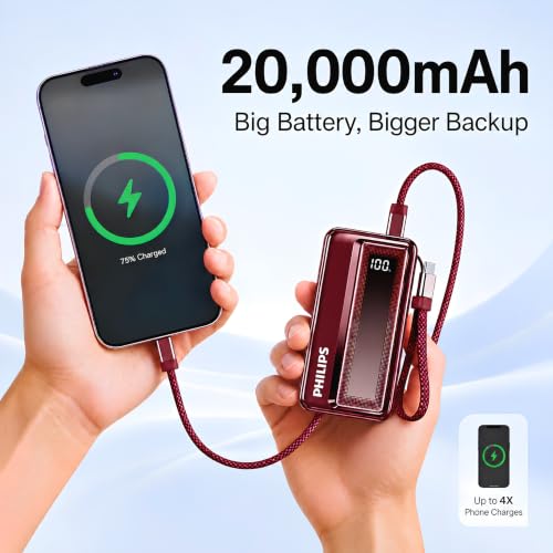 Image of Philips DLP2721NR /94 20000mAh 45W Fast Charging Power Bank with Built-in Type-C Cable (Iron Red) | Digital LED Display | Lithium Polymer | 2 Type-C & USB-A | Pocket Size | Compact & Travel-Friendly
