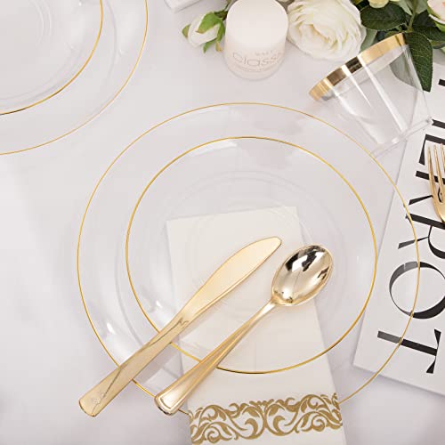 Nervure 350Pcs Clear And Gold Plastic Plates - Clear Plastic Plates With Gold Rim Include 50 Dinner Plates, 50 Dessert Plates, 150 Gold Plastic Silverware, 50 Cups, 50 Napkins For Wedding & Party #TOP7
