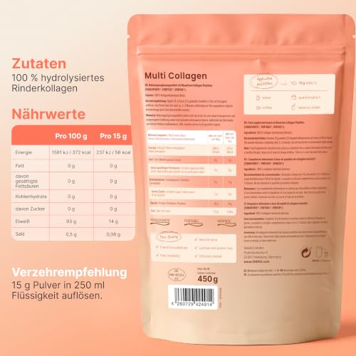 SHEKO Kollagen Pulver 450g - Collagen Hydrolysat Peptide Typ 1, 2, 3