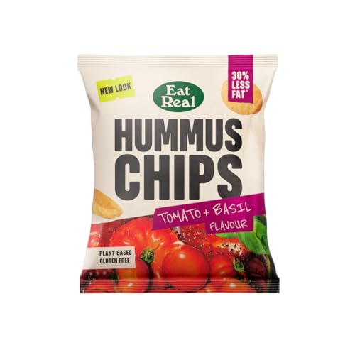 Eat Real, Hummus Chips, Tomato and Basil, 24 X 22g, Gluten-Free Crisps Multipack, Vegan-Friendly, Healthy Snacks, Plant-Based